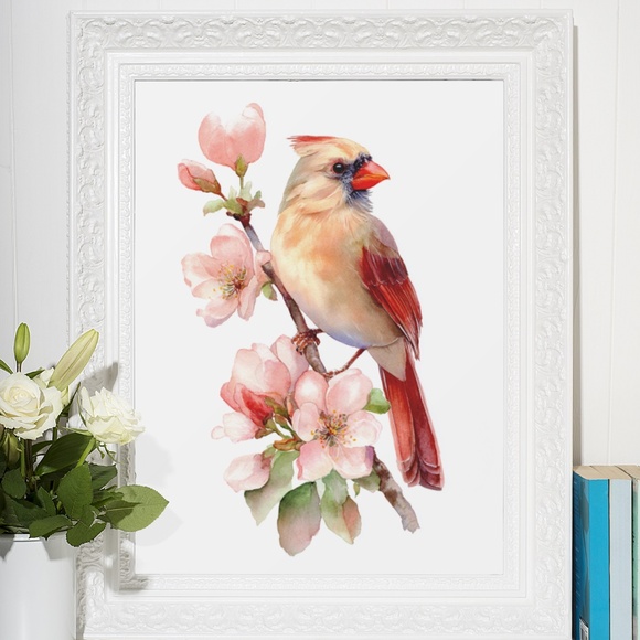 Watercolor Female Cardinal Bird with Flowers Wall Art Print Unframed - Picture 6 of 7